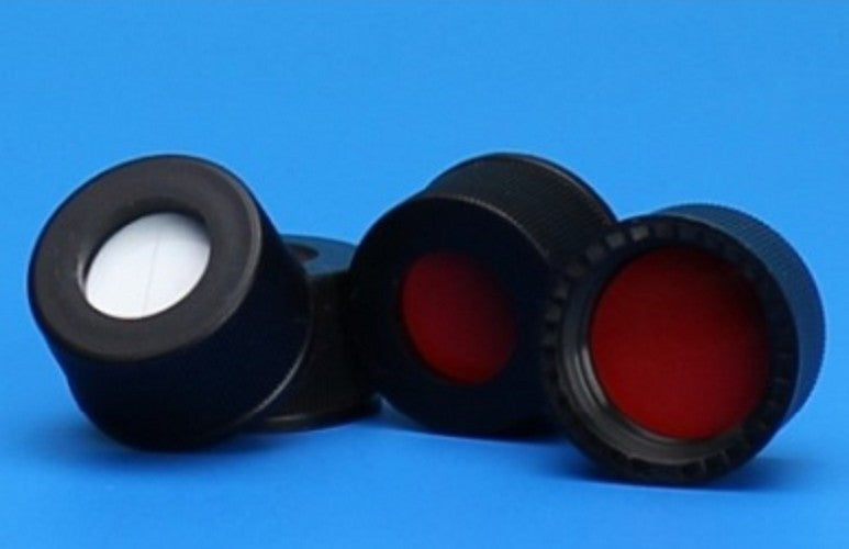 Finneran-8-425mm Black Open Hole Polypropylene Closure, Red PTFE/Silicone Septa, 0.065" (equivalent to AL98061)-pkt/100
