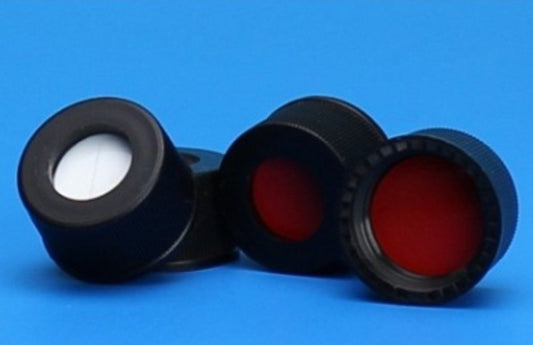 Finneran-8-425mm Black Open Hole Polypropylene Closure, Red PTFE/Silicone Septa, 0.065" (equivalent to AL98061)-pkt/100