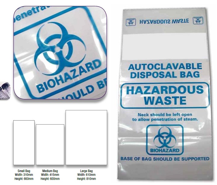 LABCO Heavy duty high heat clear PP autoclave bags with blue biohazard label, 310 x 660mm, ctn /50
