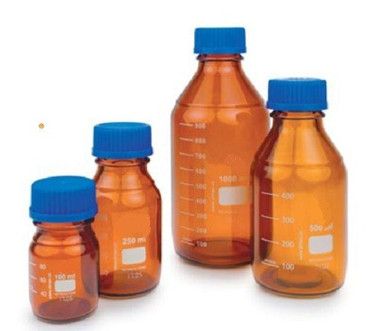 Technos 100mL Technosicate Amber Reagent bottle with Graduated, GL45 Screw Cap & Pouring Ring