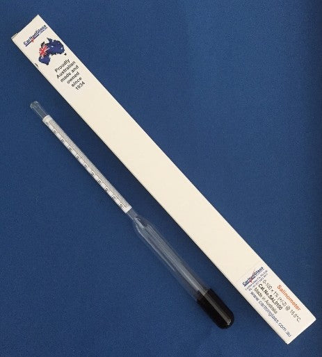 Carlton glass 0-100% Salinometer x 1% +/- 2 @15.6°C 245mm long. Manufactured in Australia.
