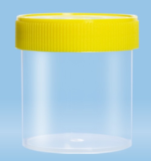 250mL-Sarstedt-containers, flat bottom, with label, 70x78mm, yellow cap, sterile-pkt/240