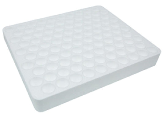 Aptaca Polystyrene foam test tube rack, 205W x 205L x 28mmH, 16mm holes, hole depth: 23mm, 100 positions, each