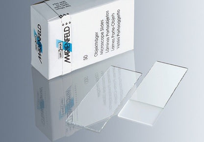 Marienfeld High Quality Microscope Slides, 76.2 x 25.4 mm, Frosted 1 end 1 Side, 1.0 mm thick, pre-cleaned, Box/50