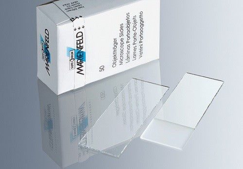 Marienfeld High Quality Microscope Slides, 76.2 x 25.4 mm, Frosted 1 end 1 Side, 1.0 mm thick, pre-cleaned, Box/50