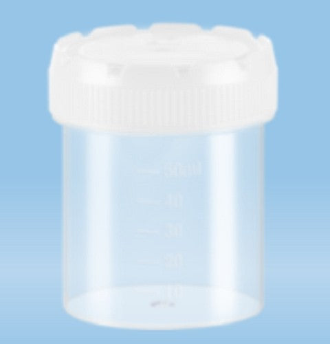70mL-Sarstedt-containers, polypropylene, 54x44mm, natural HD-PE screw cap assembled, with flat bottom base, ctn/500