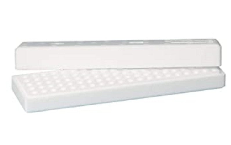 Sartstedt Styrofoam containers with lid, (100Wx340Lx65H)mm, 5x20 hole format x 10.8mmd holes, holds 100 tubes