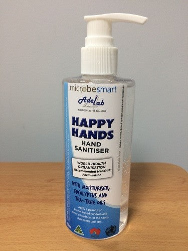 Happy Hands Gel Sanitiser, 250mL, with Moisturiser, Eucalyptus and Tea-tree oils