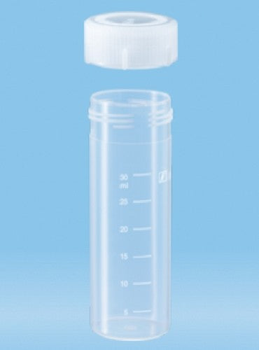 40mL-Sarstedt-containers, polypropylene, graduated, 85x28.5mm, flat bottom base, neutral screw cap (PP) included, ctn/450