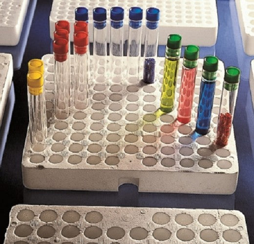 Kartell Polystyrene foam test tube rack, 220W x 220D x 35mmH, 16.5mmd holes, hole depth: 22mm 96 positions, each