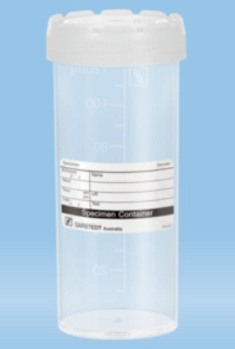 120mL-Sarstedt-Container, polyprop, grad, 105Hx44dmm, neutral assembled screw cap lid, flat bottom base, with label, pkt/250