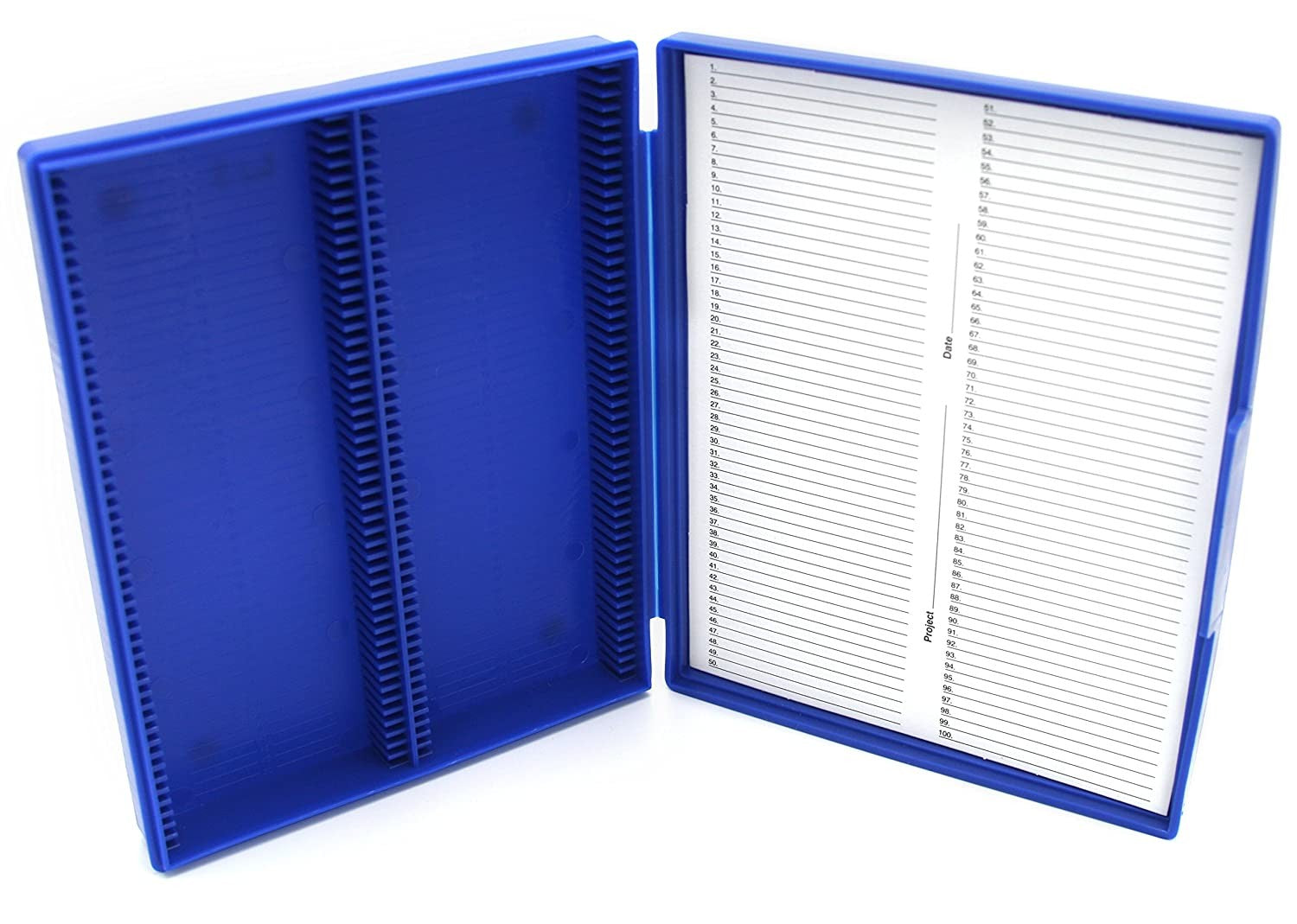 Heathrow Scientific 100 Blue Plastic Slide Box with Hinge and Latch Lock, 210x169x37 mm
