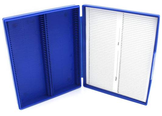 Heathrow Scientific 100 Blue Plastic Slide Box with Hinge and Latch Lock, 210x169x37 mm