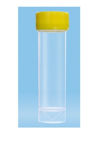 25mL- Sarstedt-Tubes V shaped bottom, self standing, 90x25mm, polypropylene, yellow cap assembled, gamma sterile, ctn/500