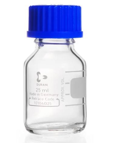 Schott -25mL, Schott style, Borosilicate screw cap bottle, graduated, clear, polypropylene cap seal